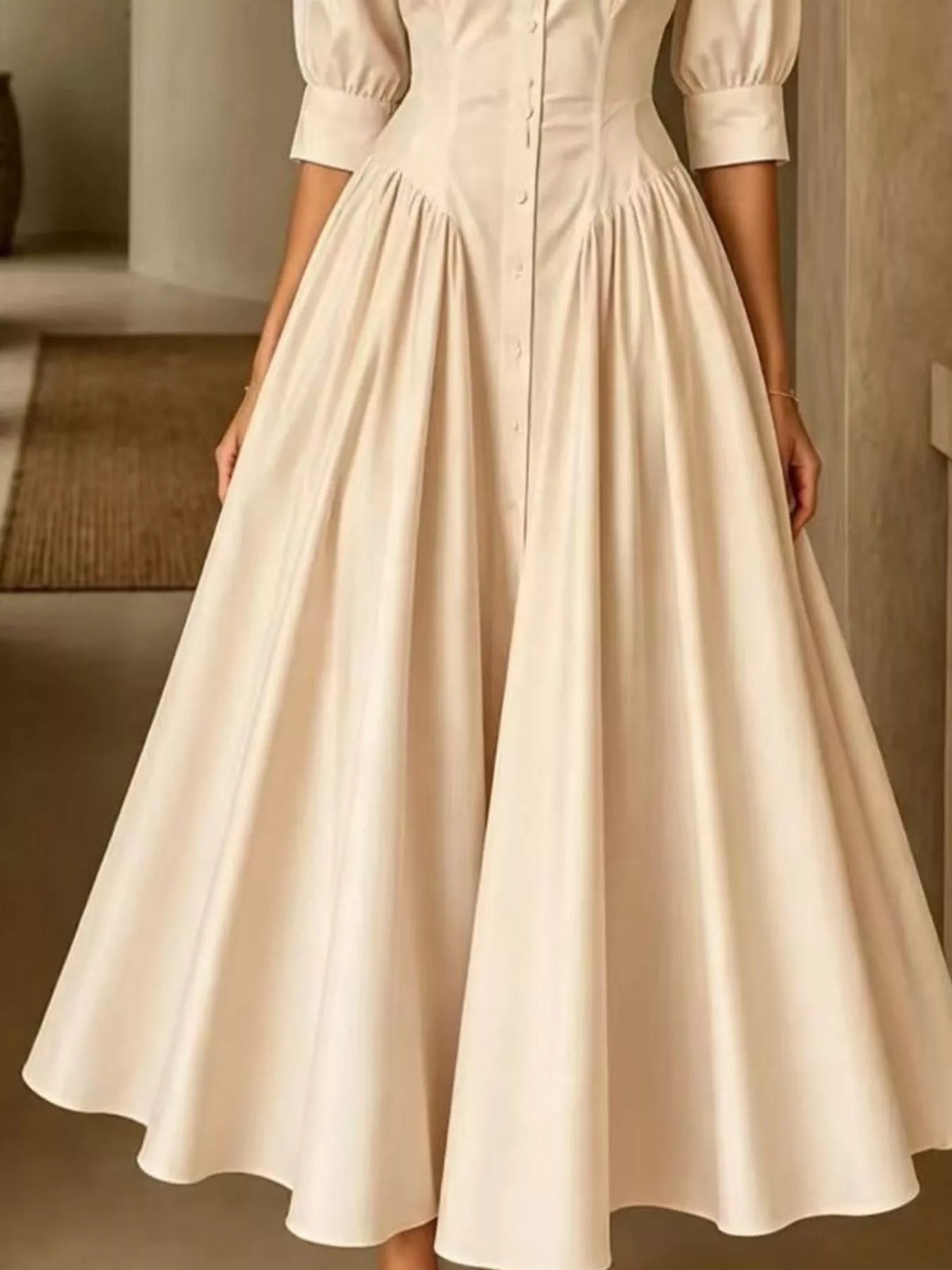 Collared Cinched-Waist Button-Front Midi Dress
