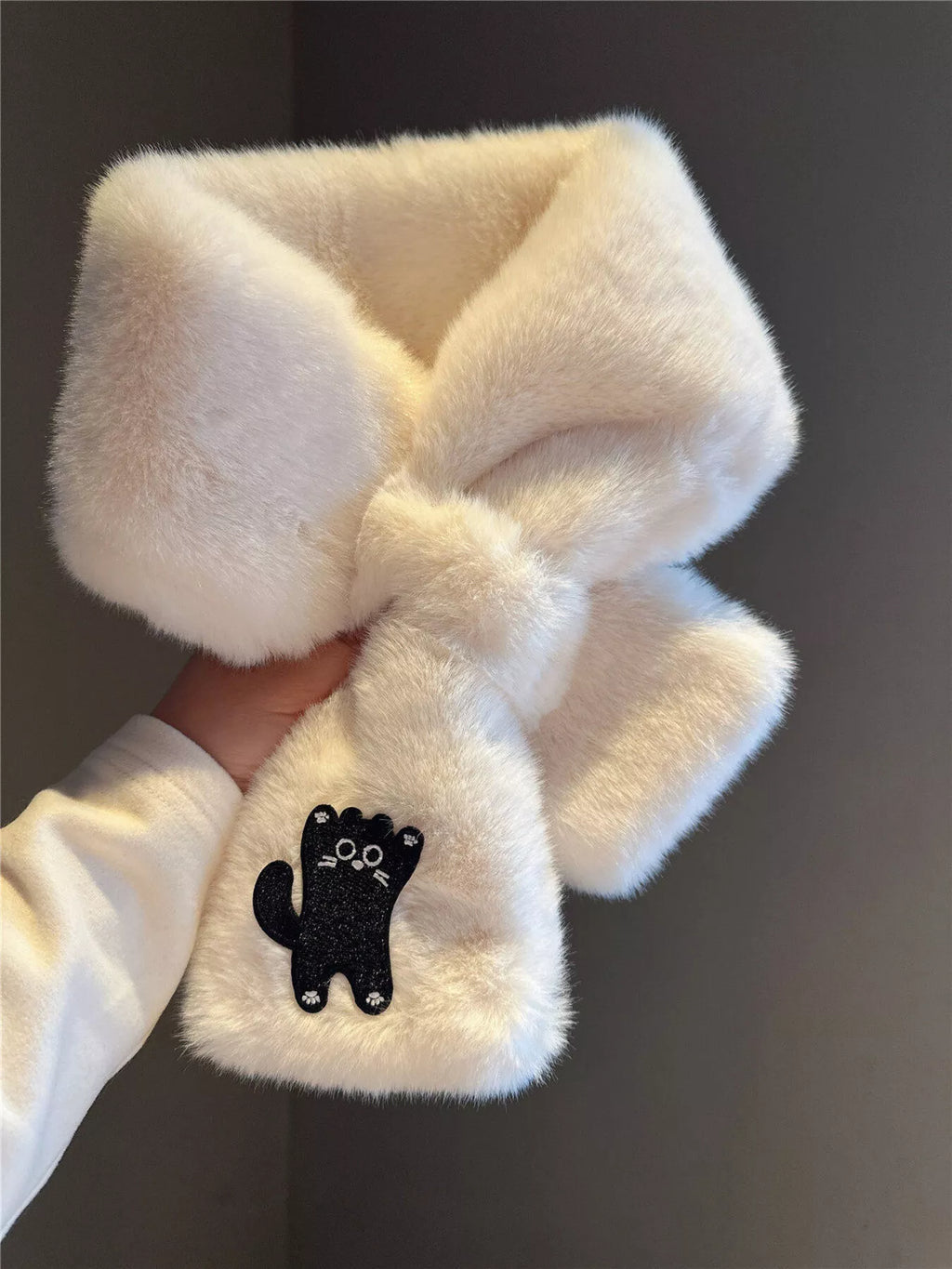 Cat-Embroidered Plush Scarf