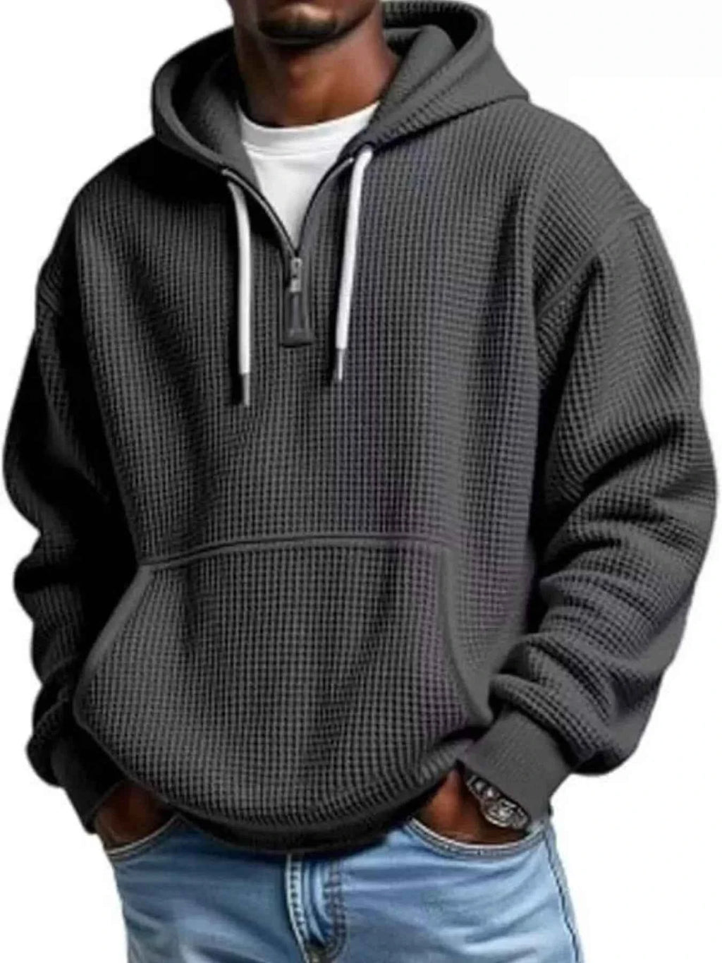 Men's Full Size Textured Waffle Knit Half-Zip Hoodie Plus Size