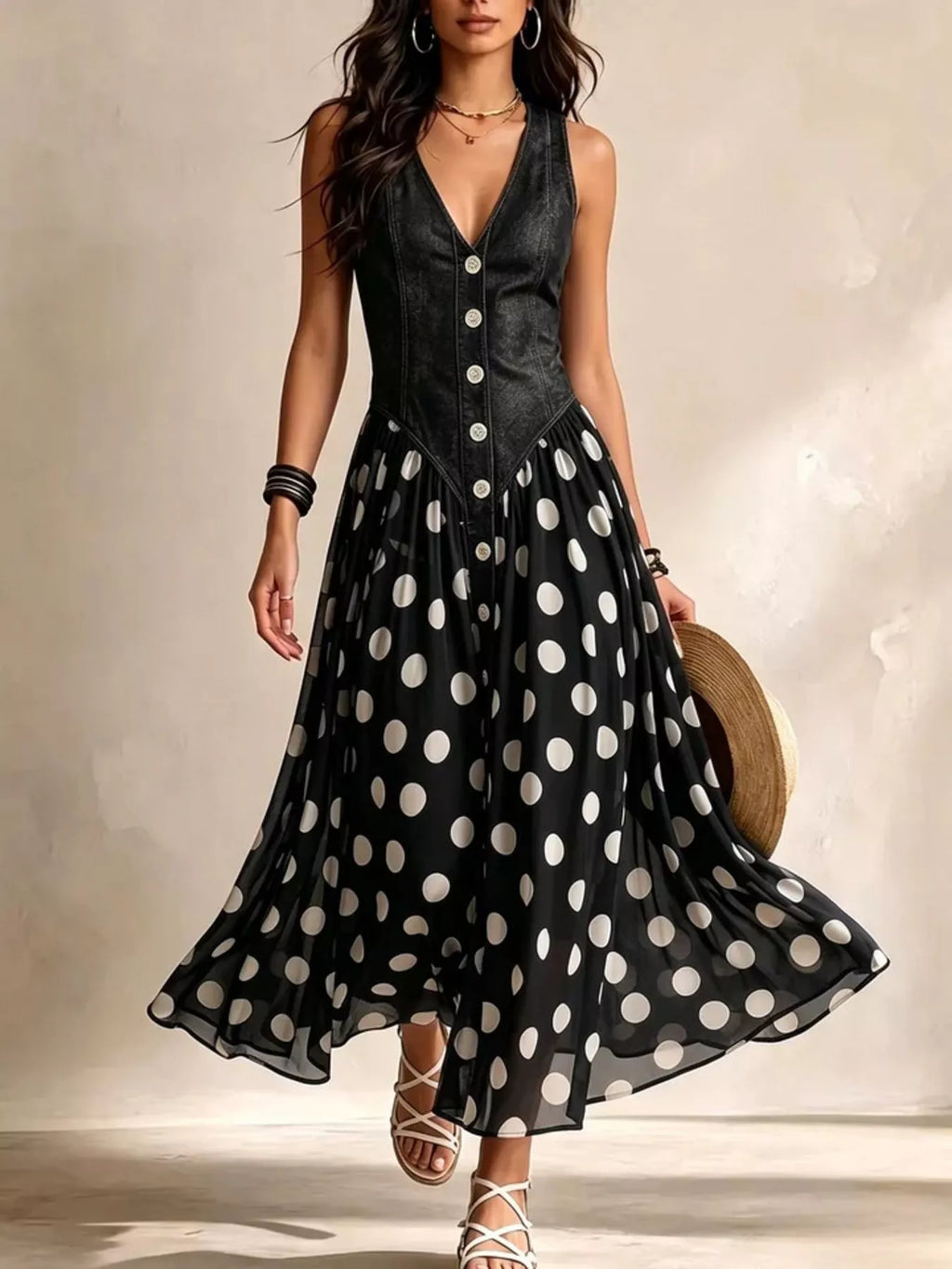 Polka-Dot V-Neck Sleeveless Maxi Dress, S–3XL