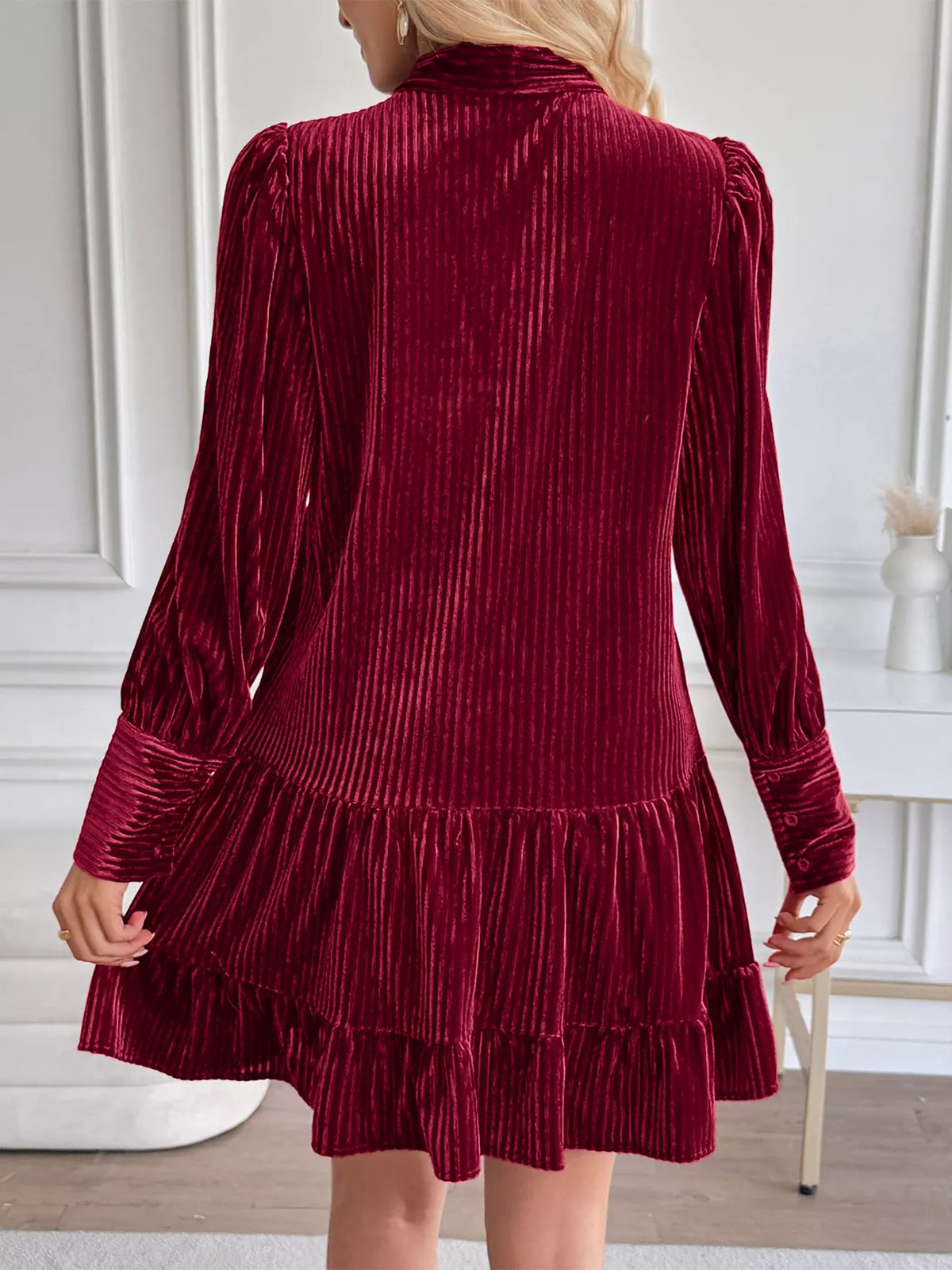 Perfee Burgundy Tie-Neck Velvet Tiered Mini Dress