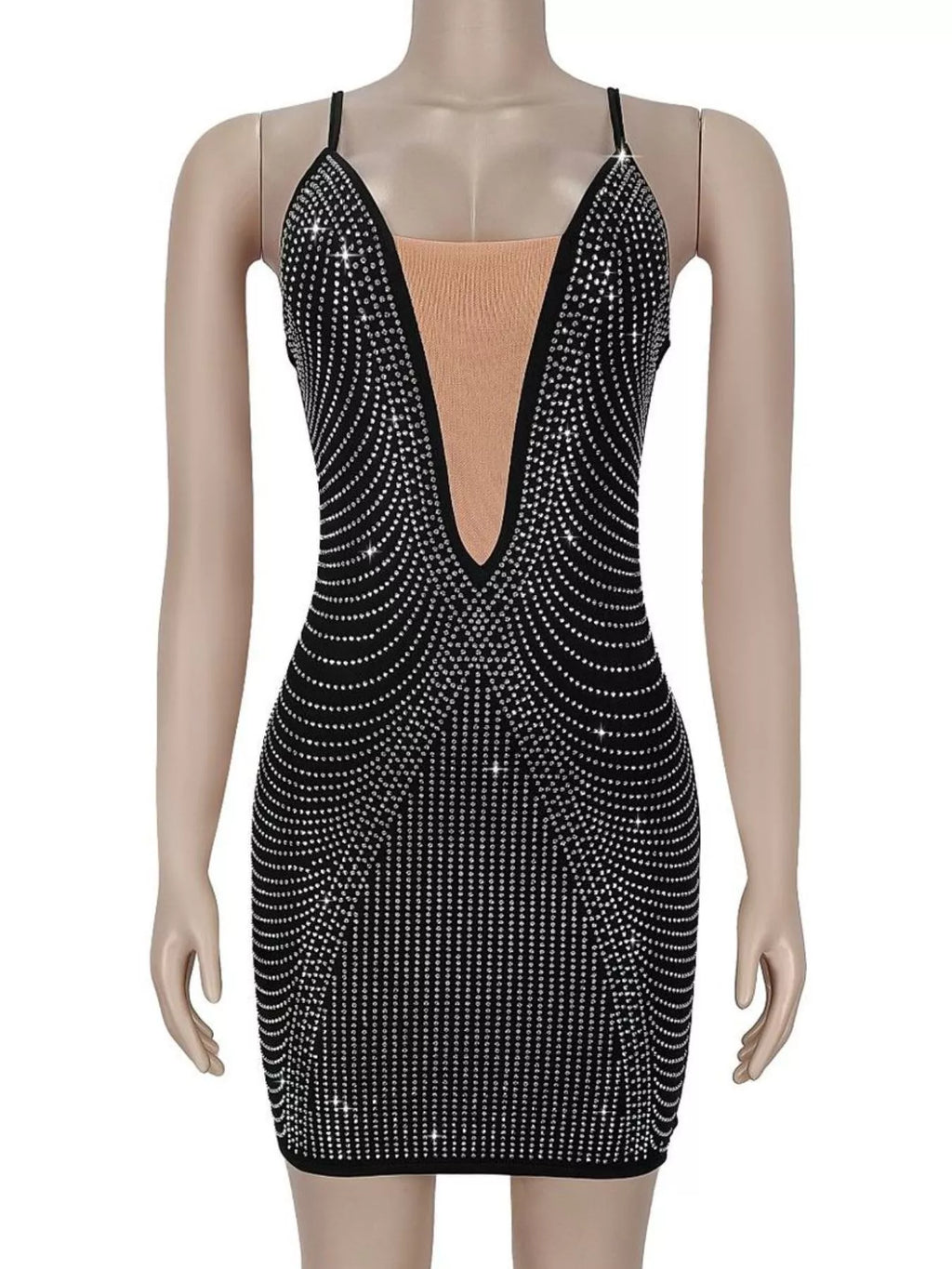 Rhinestone Plunge-Neck Spaghetti-Strap Mini Dress