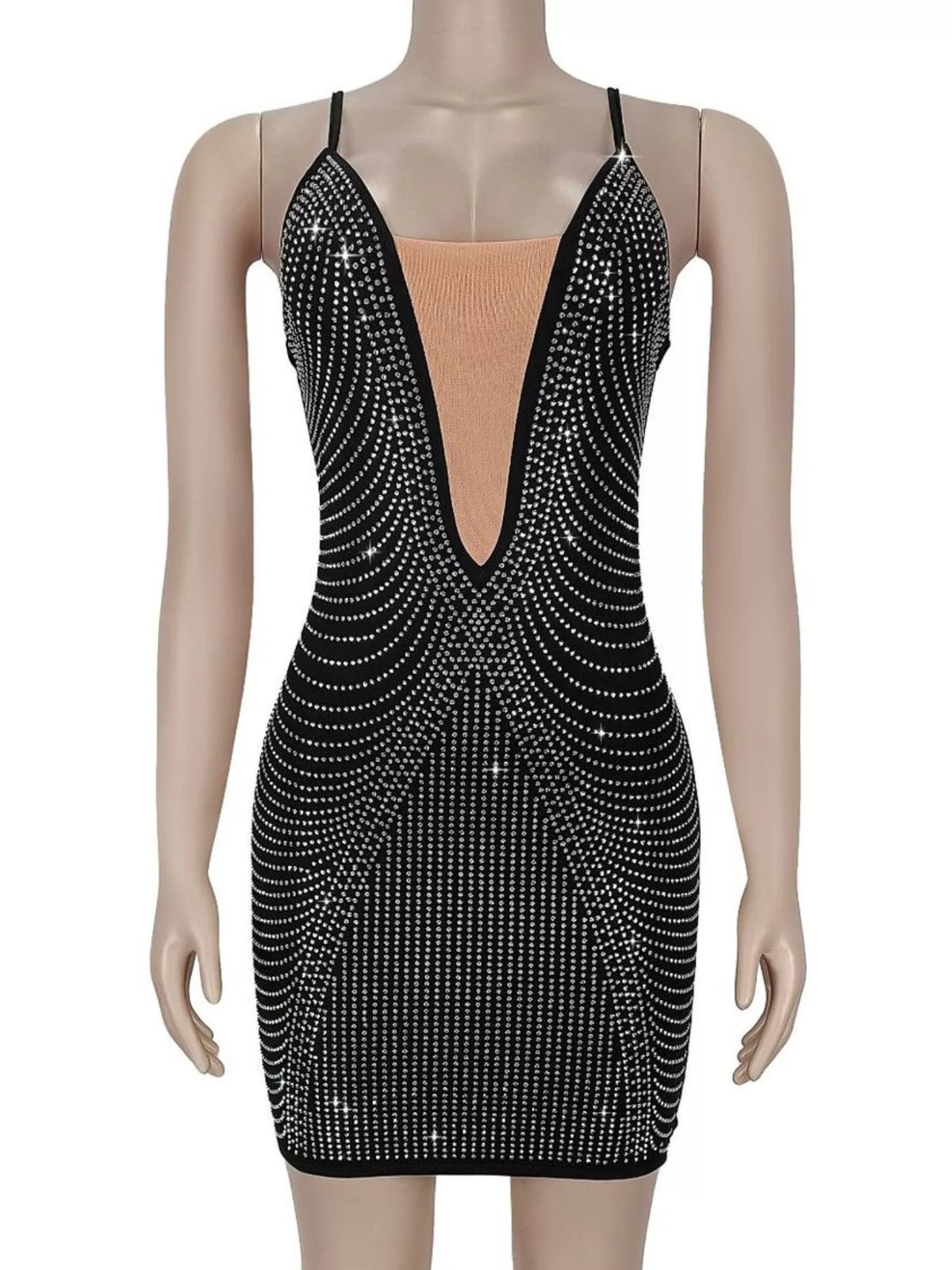 Rhinestone Plunge-Neck Spaghetti-Strap Mini Dress