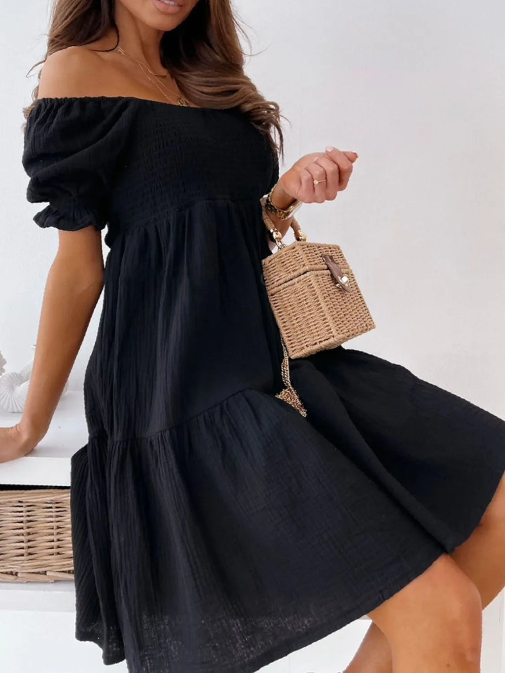 Smocked Off-Shoulder Short-Sleeve Mini Dress