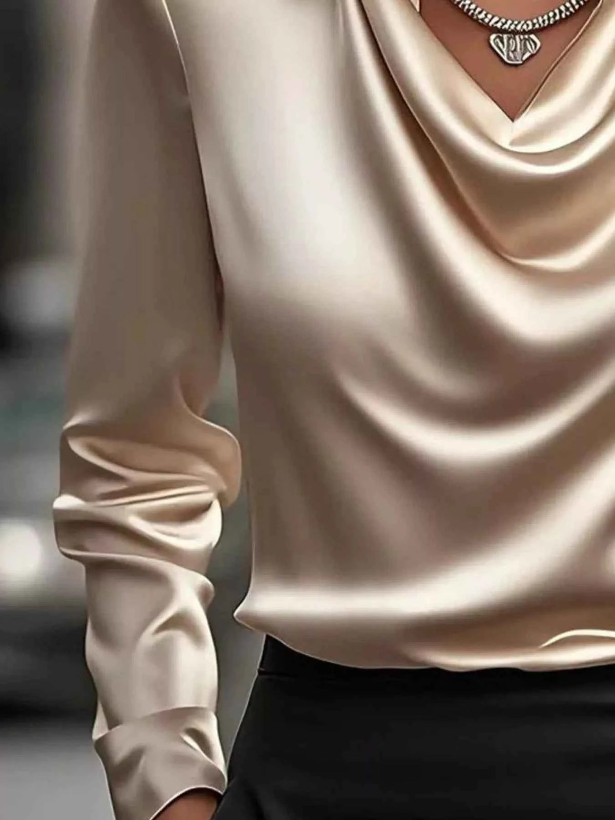 Satin Cowl-Neck Long-Sleeve Blouse
