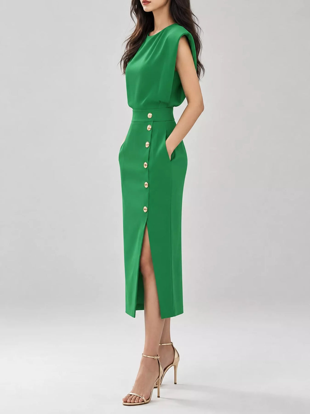 Sleeveless Gold-Tone Button-Detail Midi Dress
