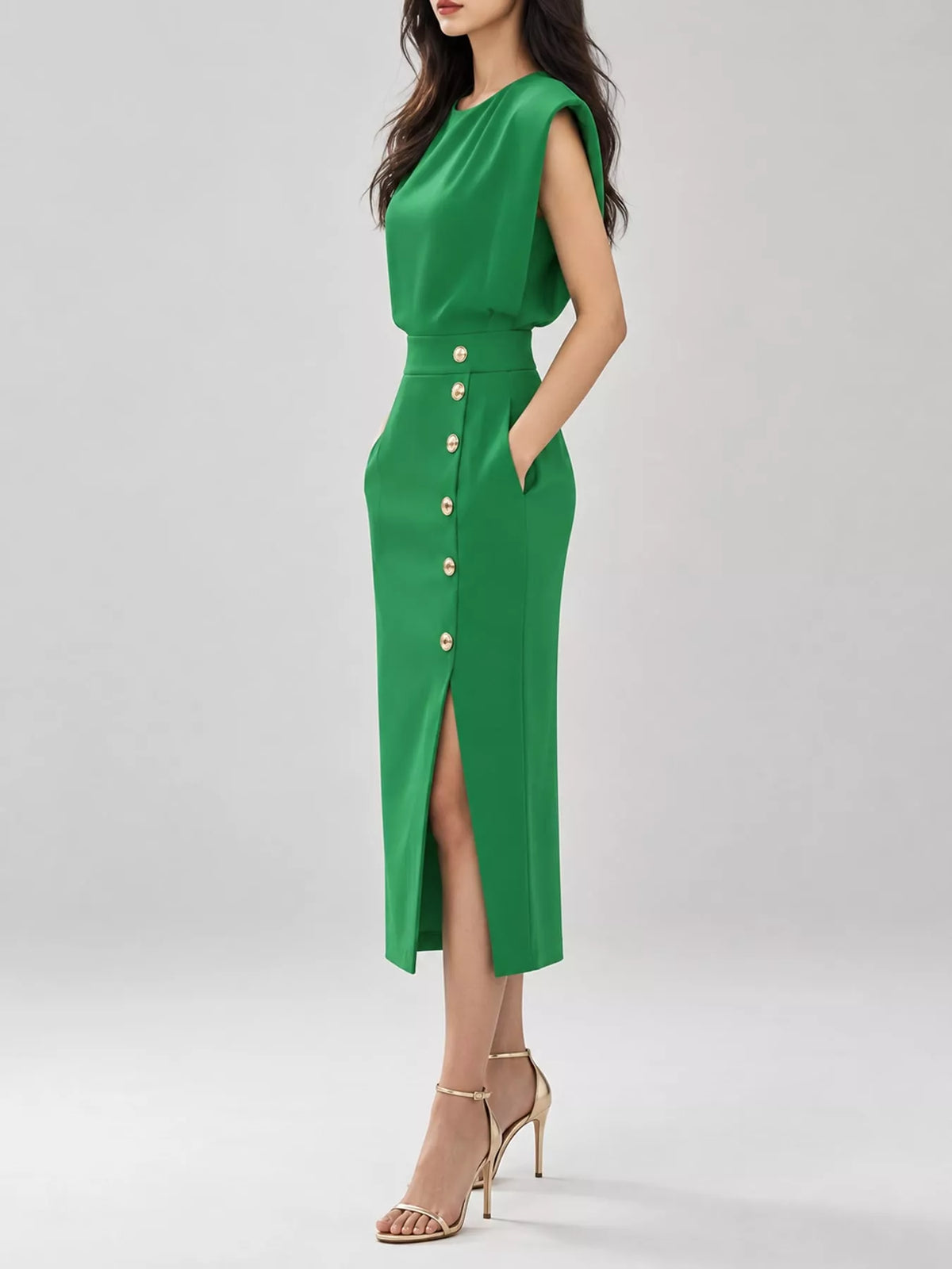 Sleeveless Gold-Tone Button-Detail Midi Dress