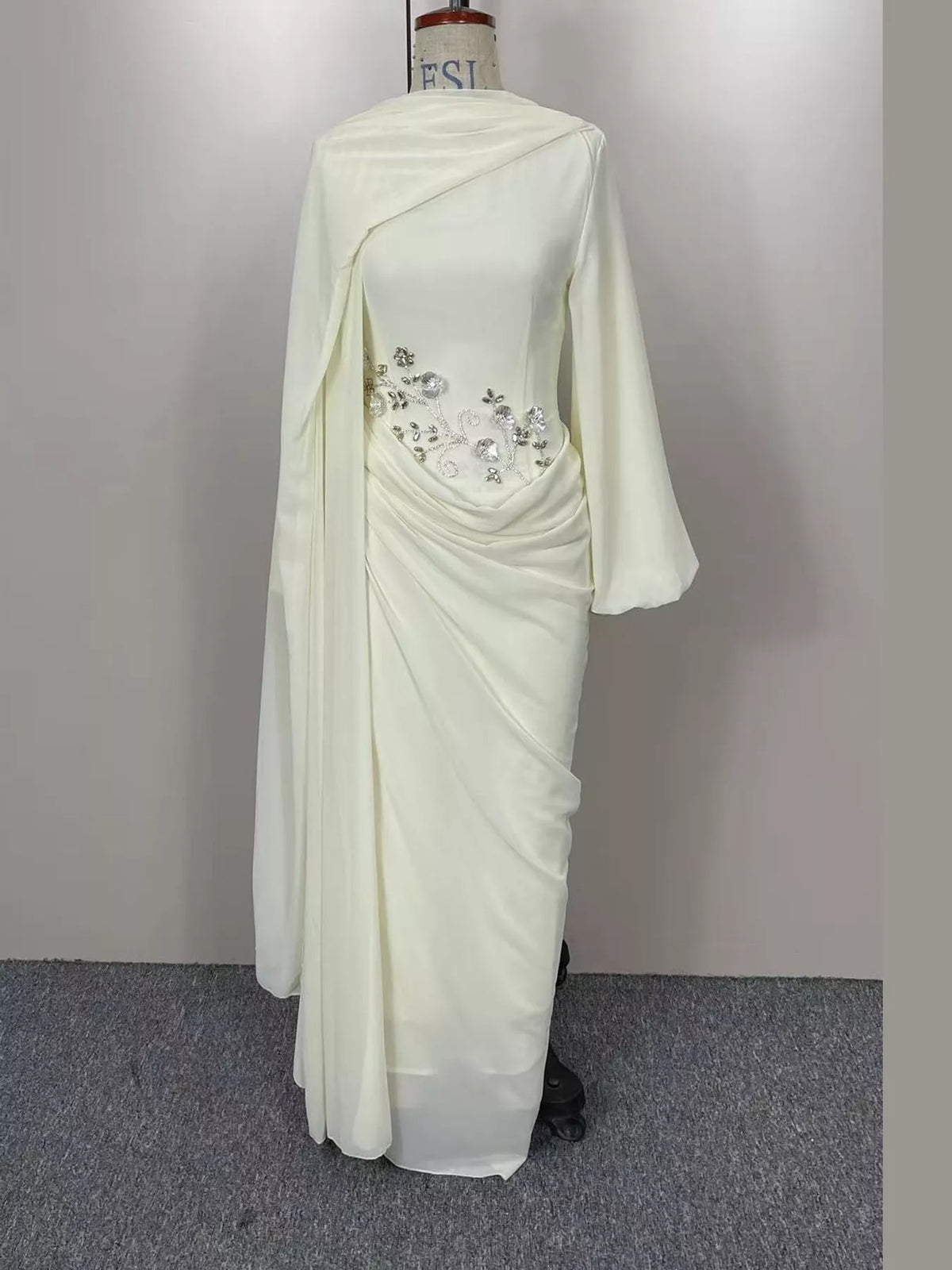 Floral-Embellished Long-Sleeve Ruched Evening Maxi Dress | S–3XL