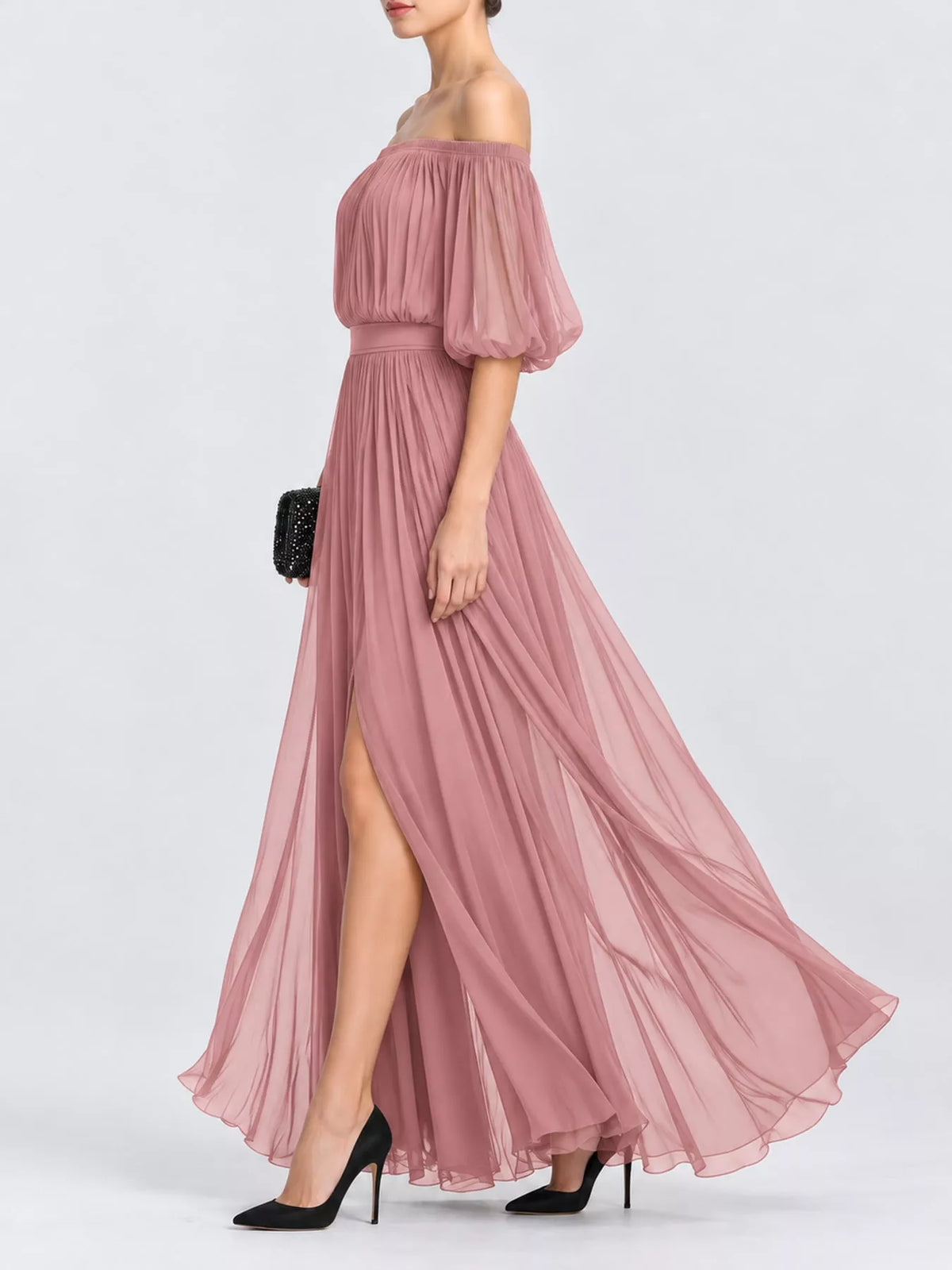Off-Shoulder Ruched Chiffon Maxi Dress