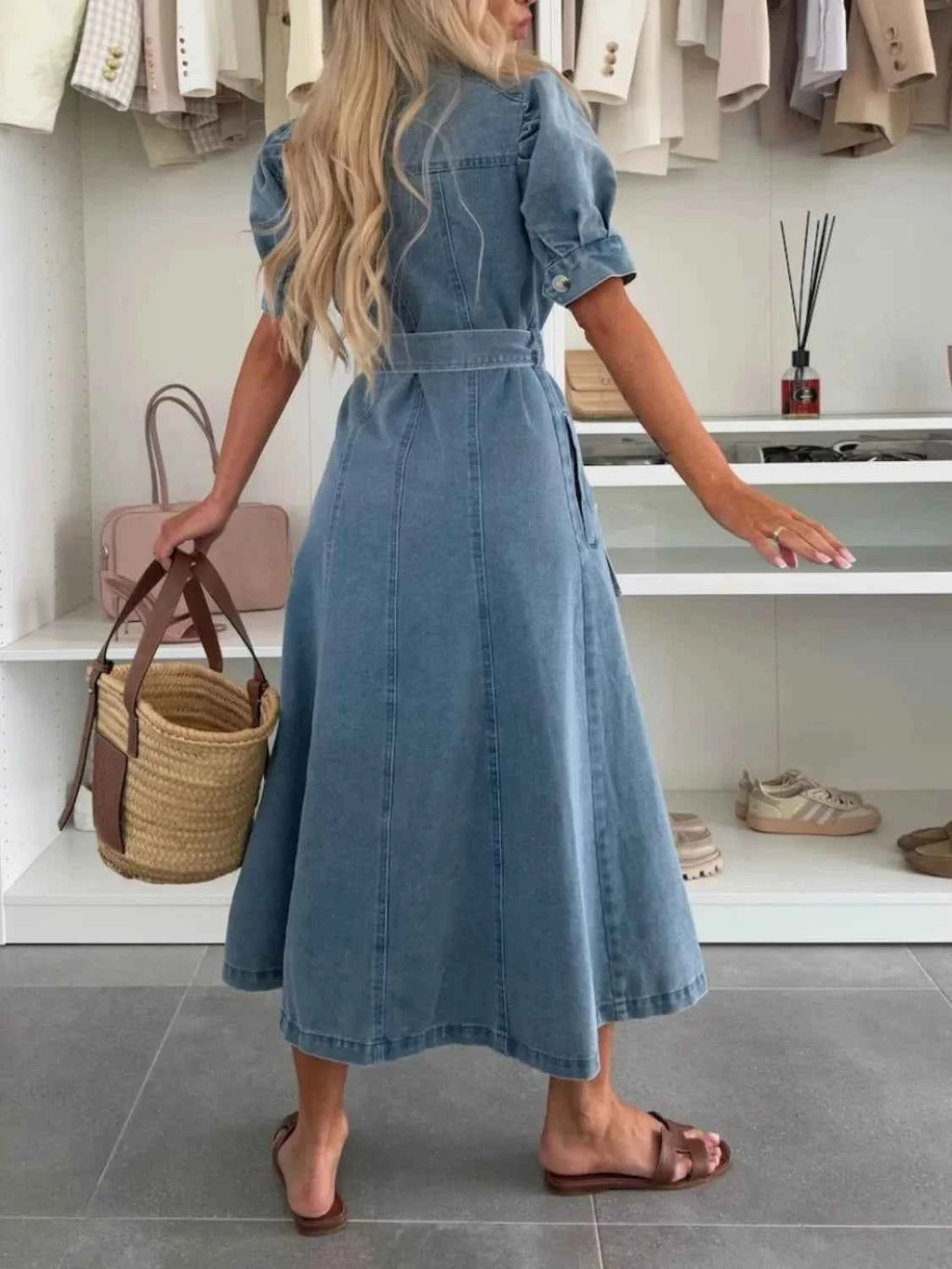 Blue Puff-Sleeve Belted Denim-Look Midi Dress