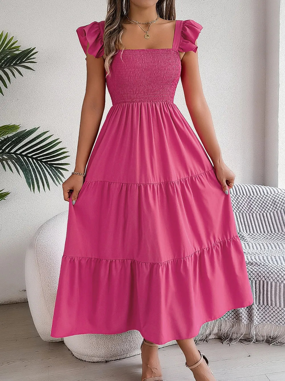 Smocked Square-Neck Cap-Sleeve Midi Dress