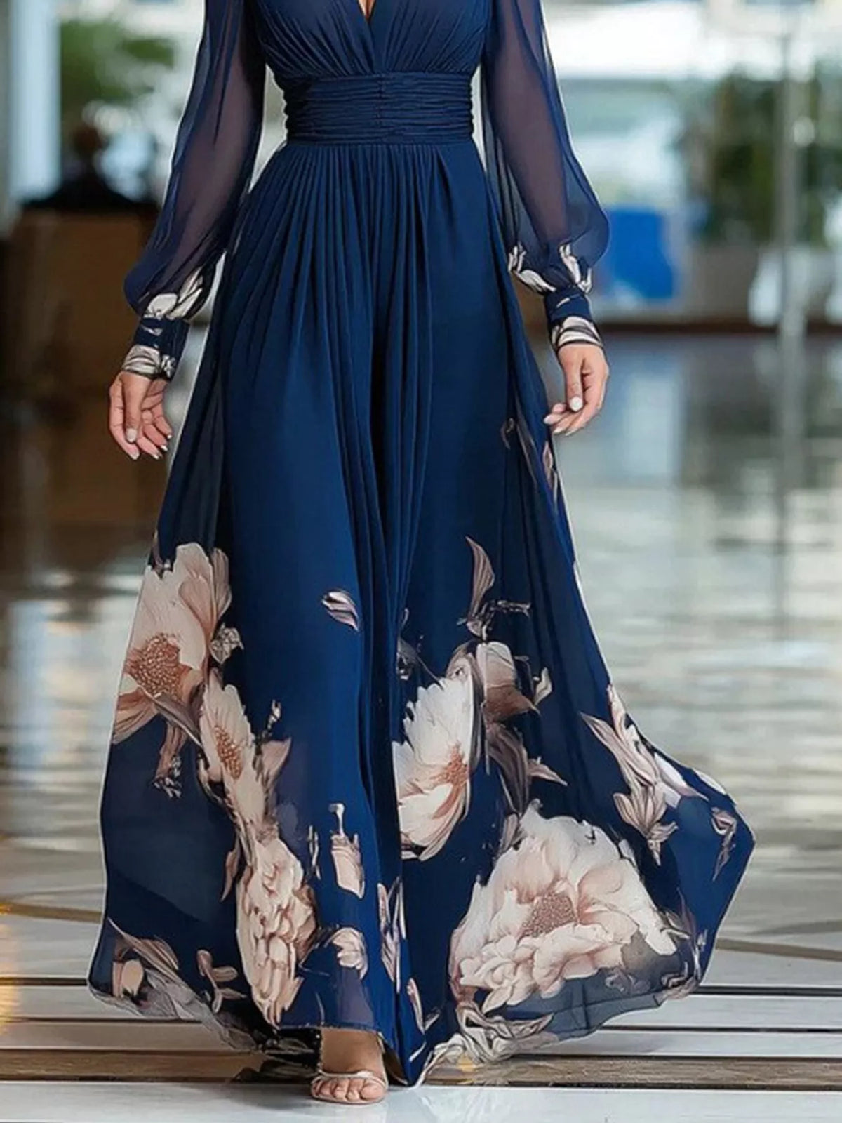 Floral V-Neck Sheer-Sleeve Ruched Maxi Dress