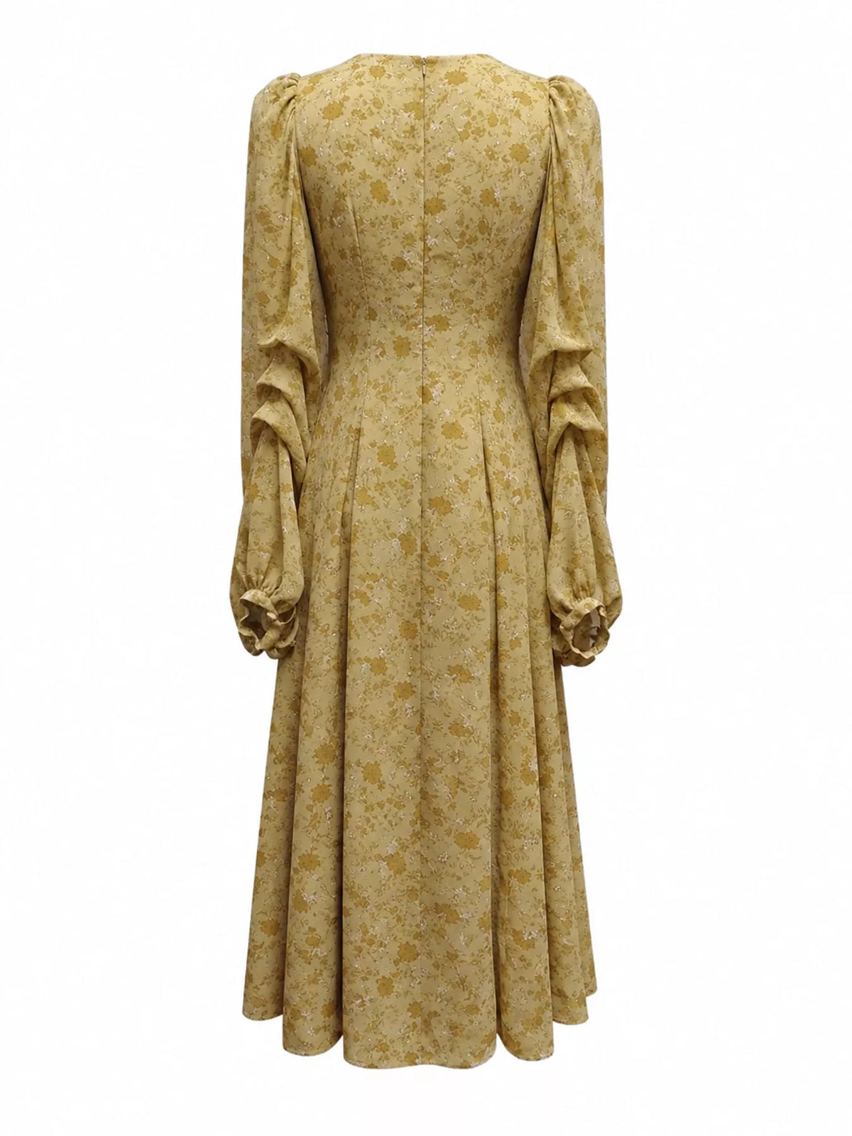 Yellow Floral V-Neck Long-Sleeve Midi Dress