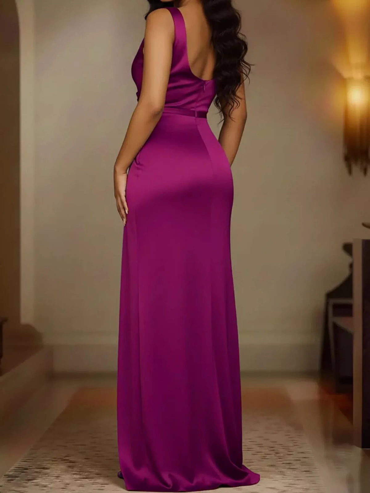 Satin Cowl-Neck High-Slit Maxi Dress
