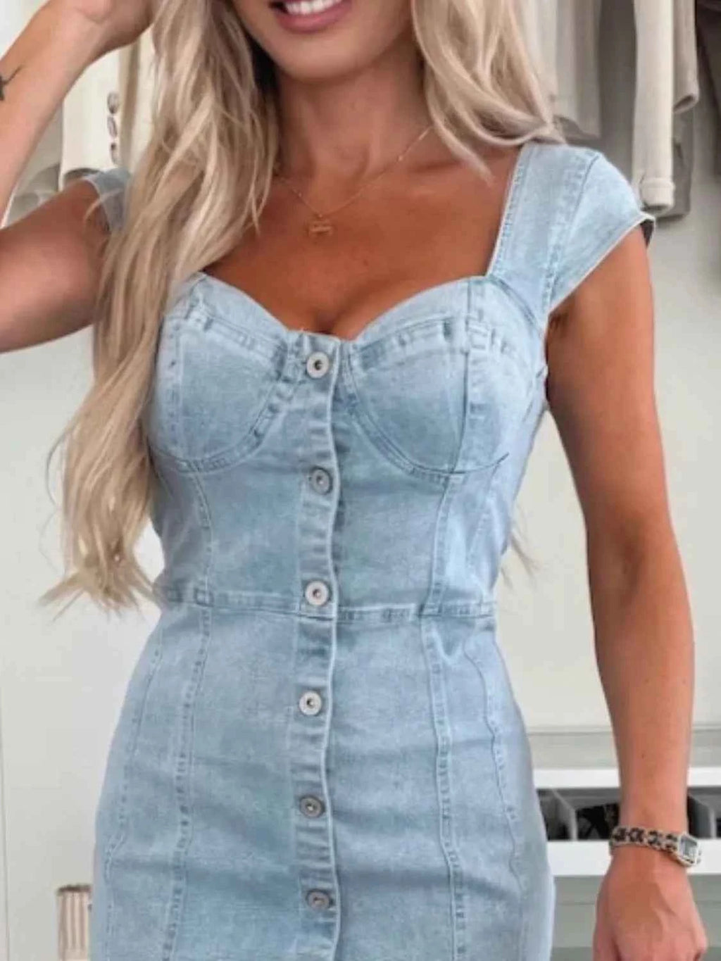 Sweetheart-Neck Cap-Sleeve Denim-Look Mini Dress
