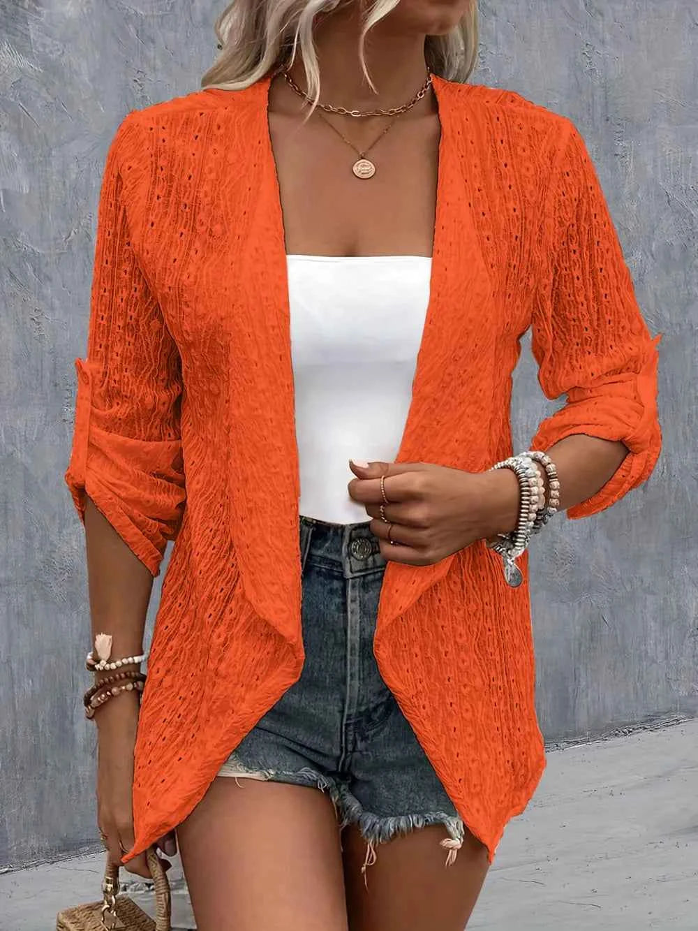 Eyelet Open-Front Roll-Tab Cardigan