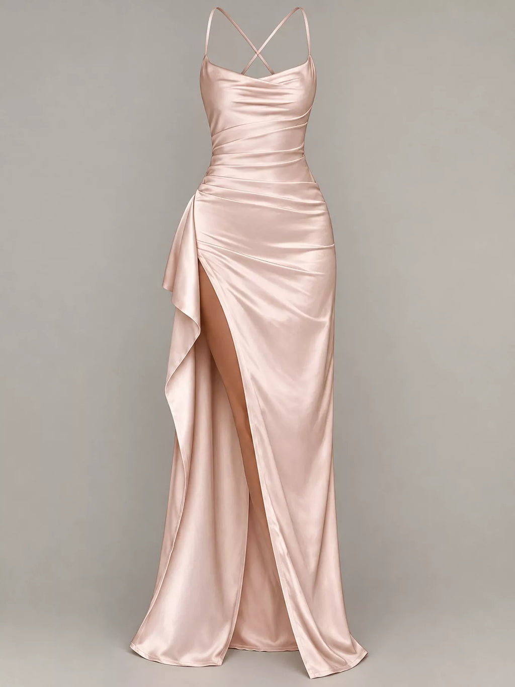 Satin Ruched High-Slit Maxi Dress