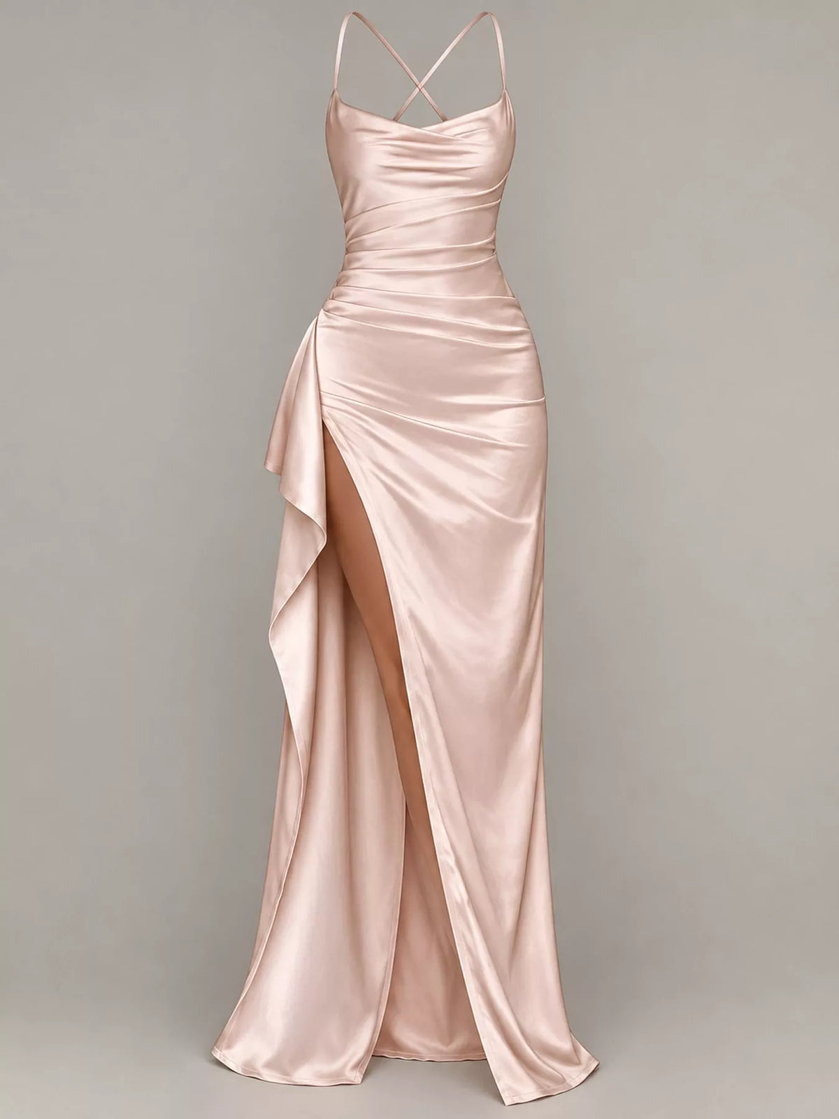 Satin Ruched High-Slit Maxi Dress