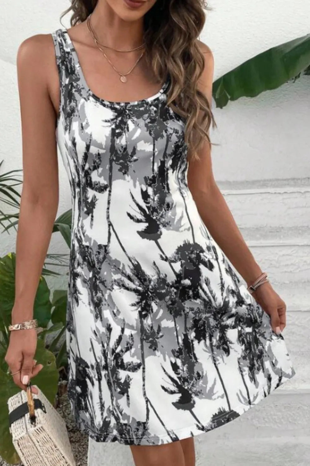 Printed Scoop-Neck Wide-Strap Mini Dress