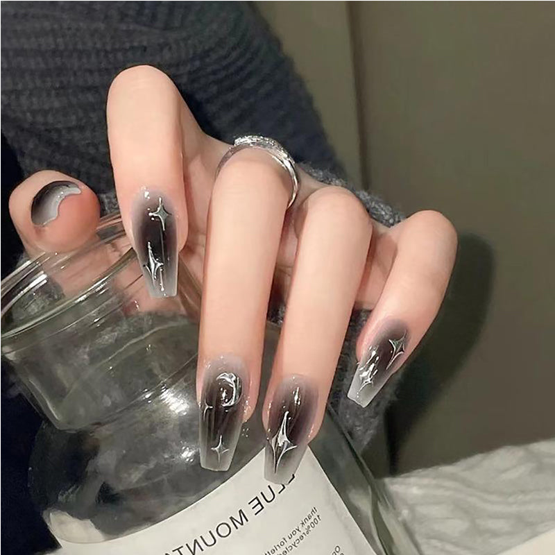 Black Silver Star Press-On Nails – 24 PCS Long Square Head Shape | Edgy Y2K Alt-Girl Design — Prime Trend Market