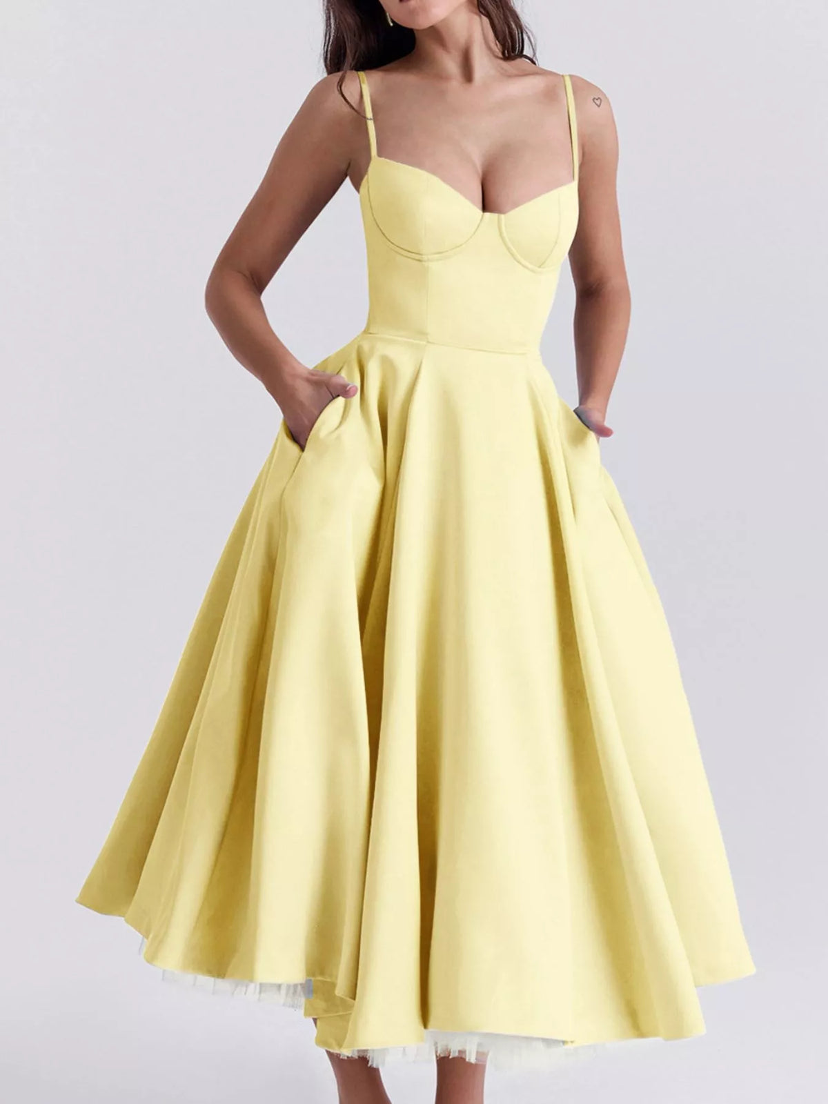 Sweetheart-Neck Pocketed A-Line Midi Dress