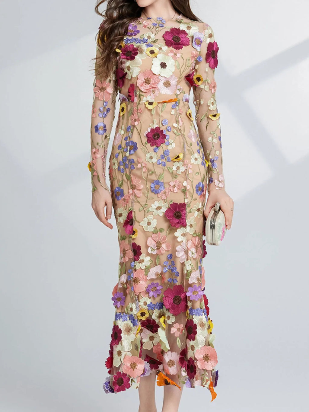 Floral-Embroidered Mesh Long-Sleeve Midi Dress