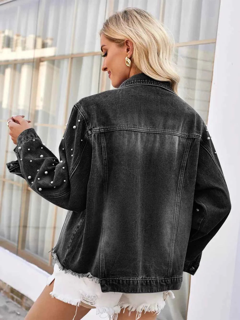 Pearl-Style Trim Raw-Hem Denim-Look Jacket