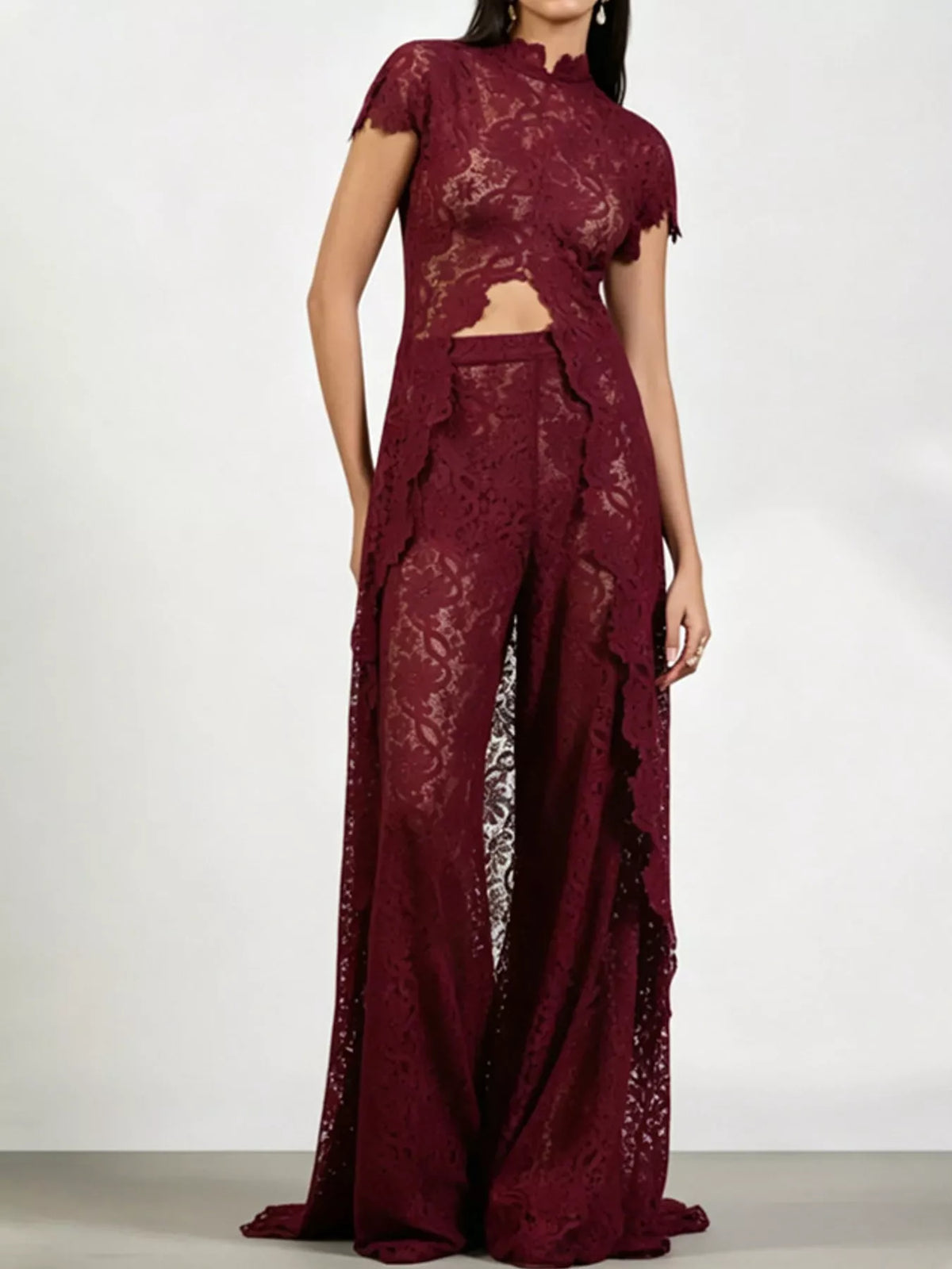 Elegant Lace Short Sleeve Top and Pants Set