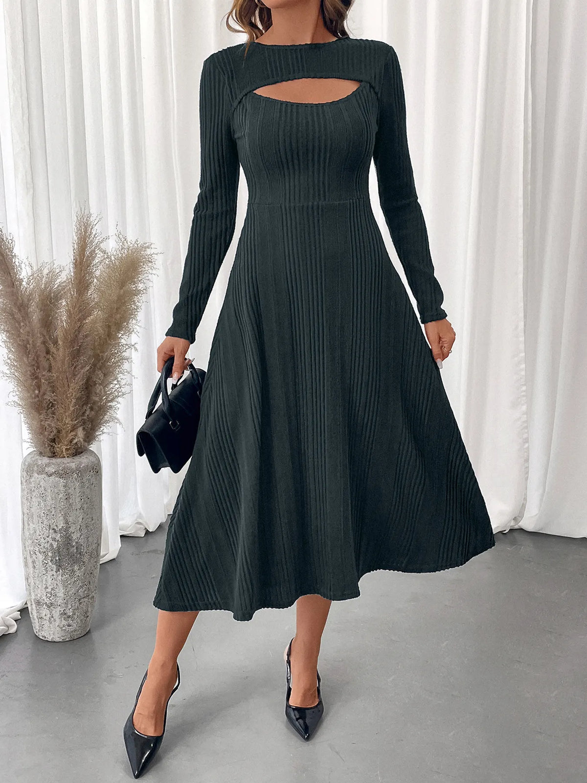 Ribbed Knit Chest-Cutout Long-Sleeve Midi Dress