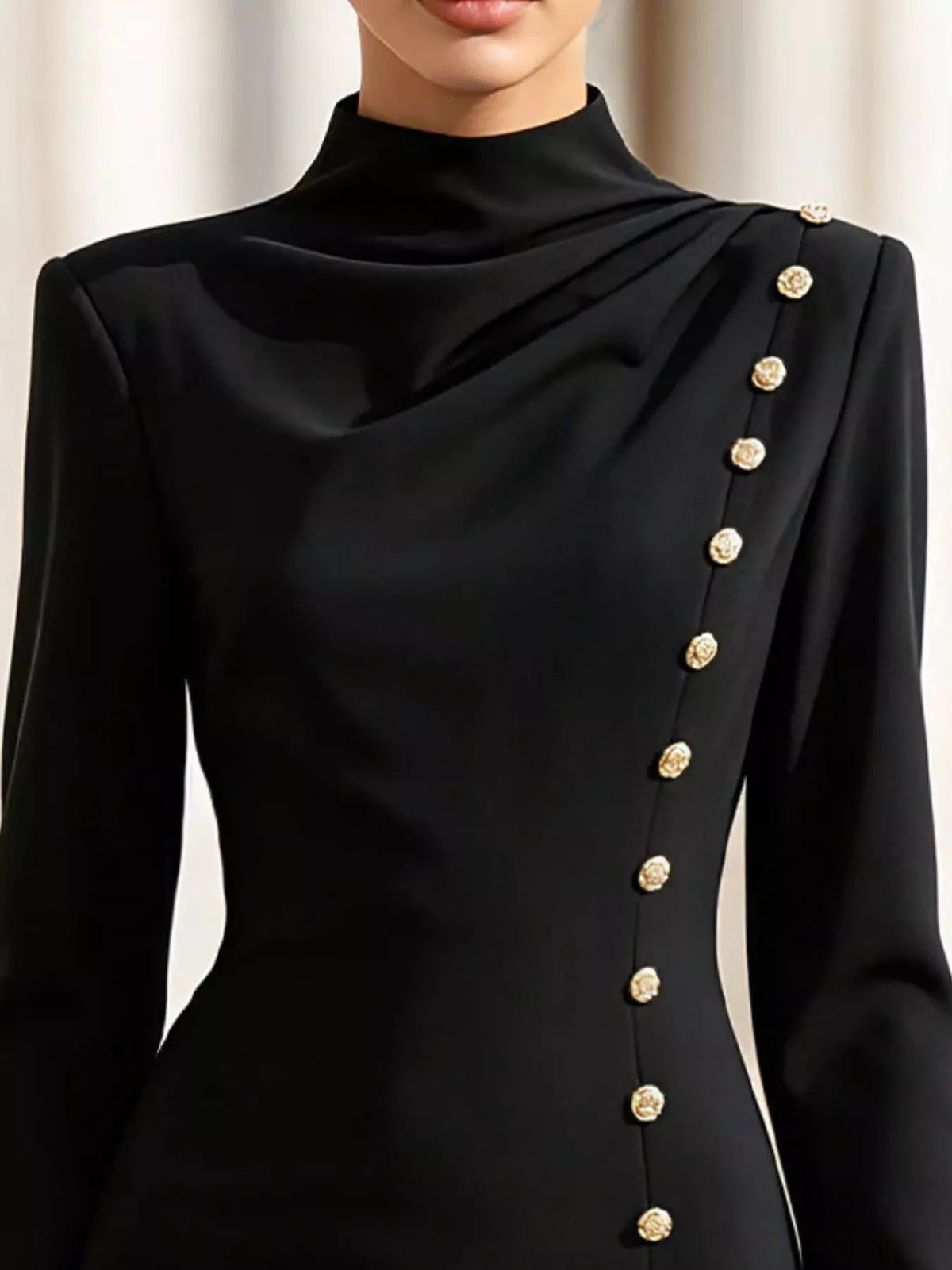 Mock-Neck Long-Sleeve Button-Detail Mini Dress