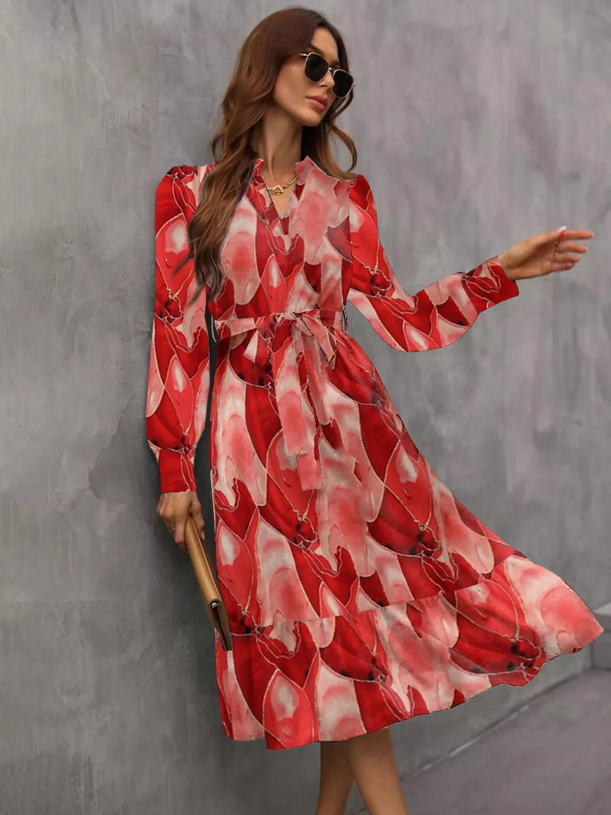 Printed Notched-Neck Tie-Waist Long-Sleeve Midi Dress