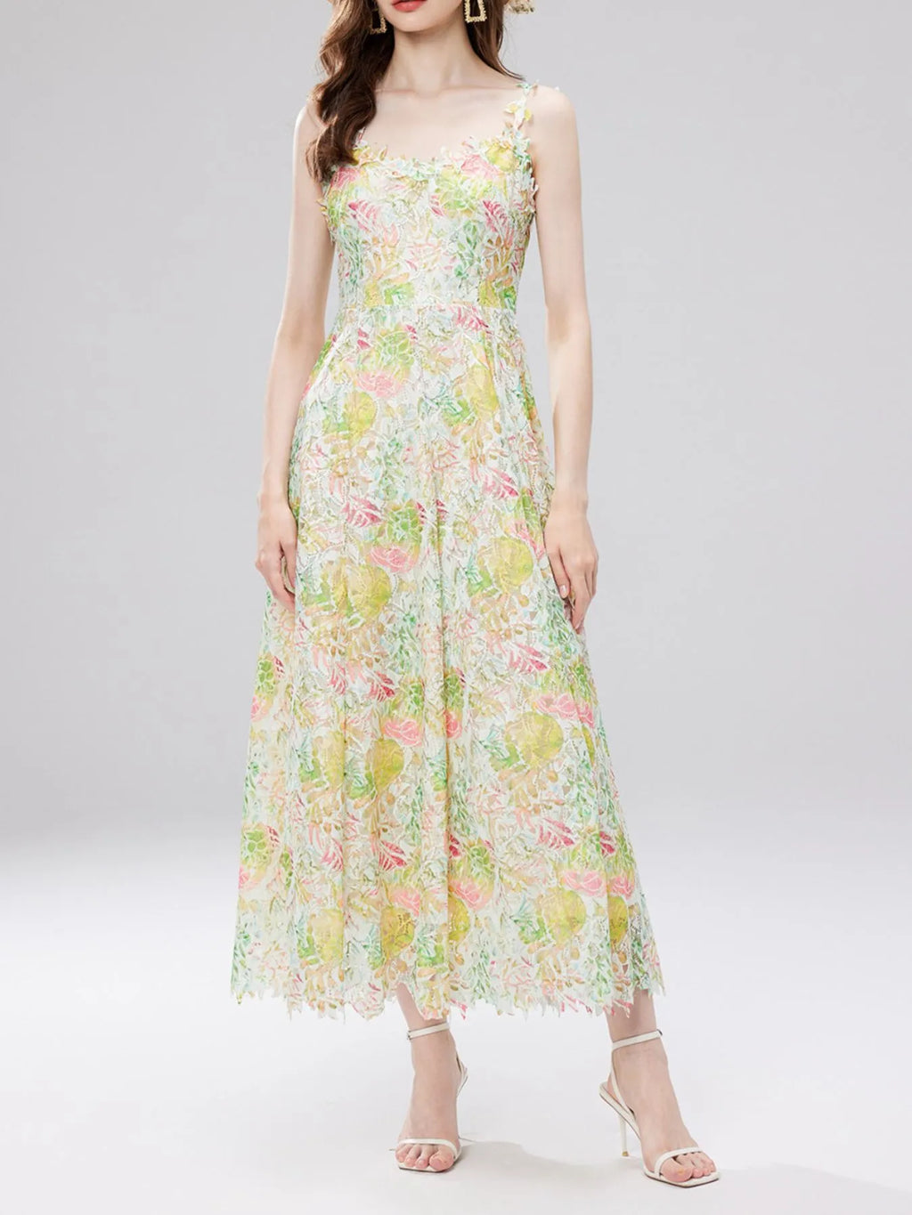Floral Lace Sleeveless V-Neck Midi Dress