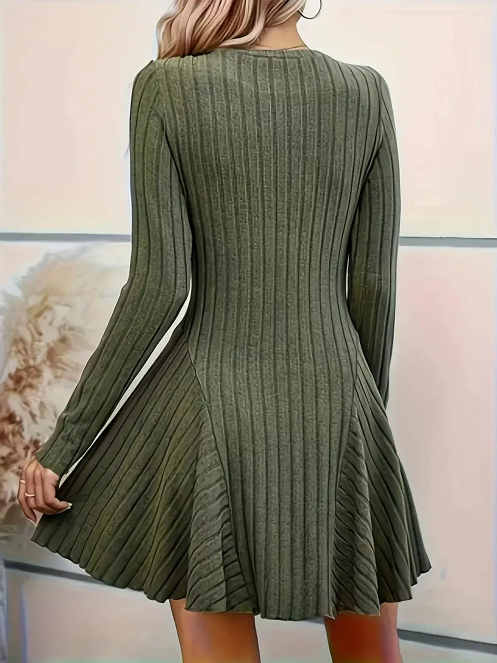 Long-Sleeve Ribbed Knit A-Line Mini Dress