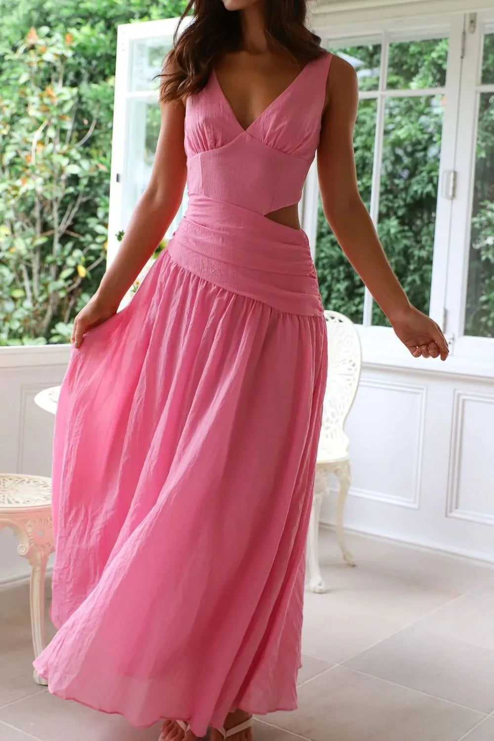 V-Neck Side-Cutout Ruched Maxi Dress