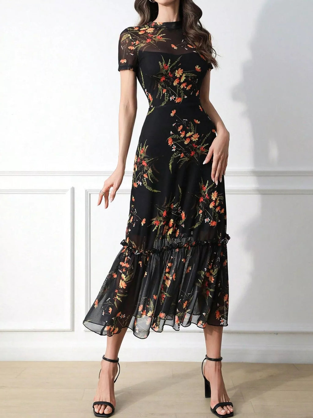 Black Floral Sheer-Overlay Ruffle-Hem Midi Dress
