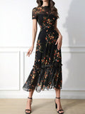 Black Floral Sheer-Overlay Ruffle-Hem Midi Dress