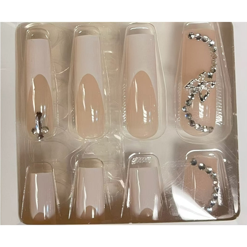 White Flower Diamond Butterfly Press-On Nails — 24 PCS Long Square, Bridal & Everyday Glam — Prime Trend Market