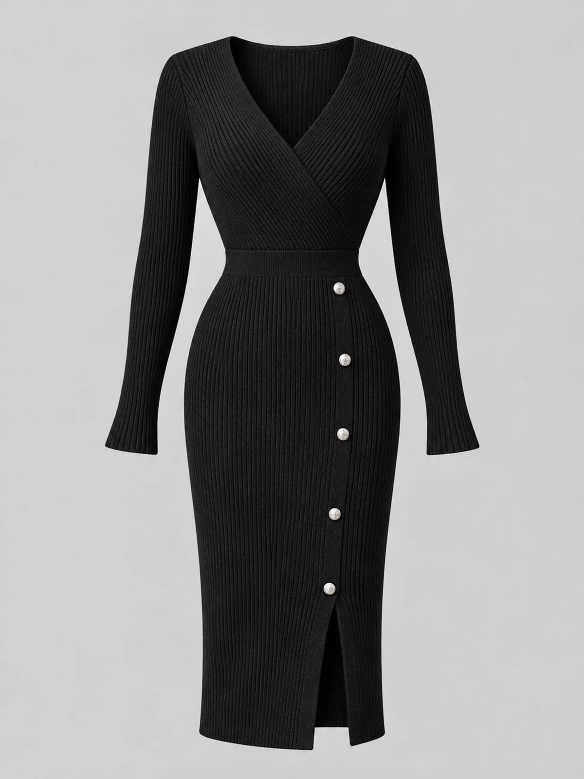 Ribbed Knit Sweater Dress with Decorative Buttons