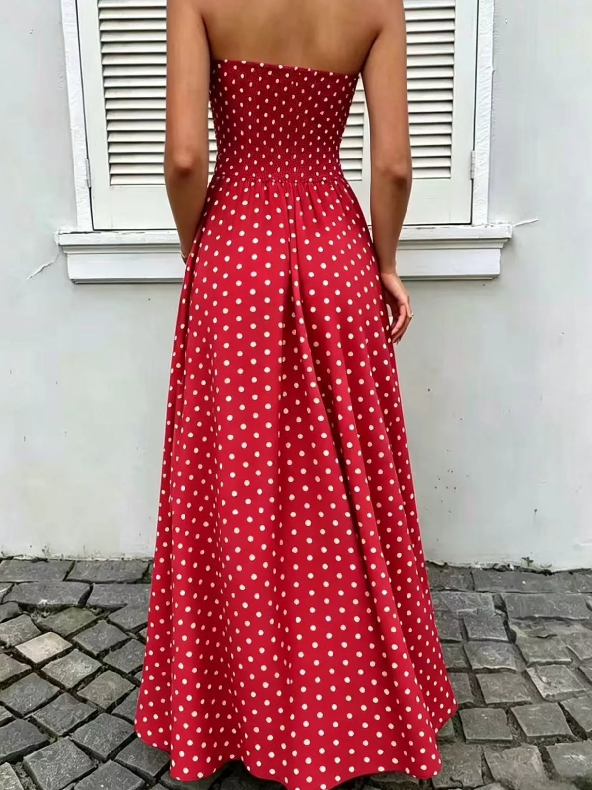 Strapless Polka-Dot Ruched Maxi Dress, S–2XL