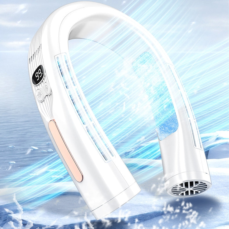 White wearable neck fan showing its side display and end vent with illustrated blue airflow effects.
