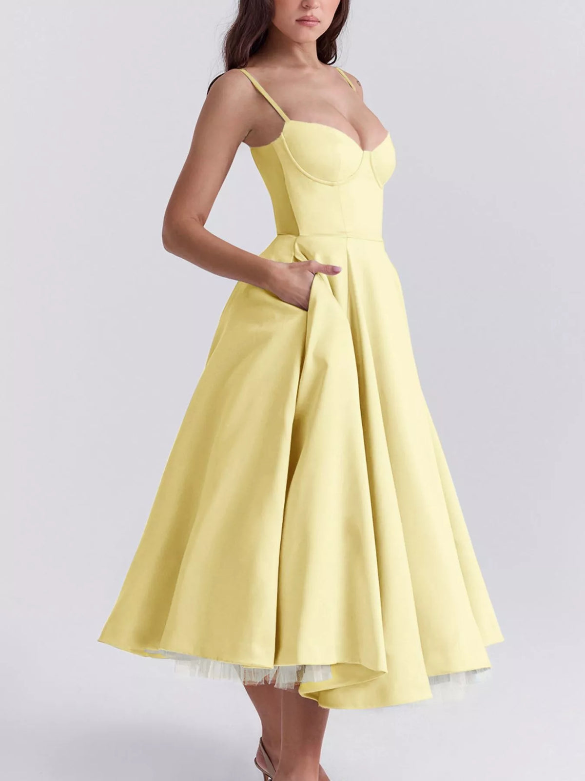 Sweetheart-Neck Pocketed A-Line Midi Dress