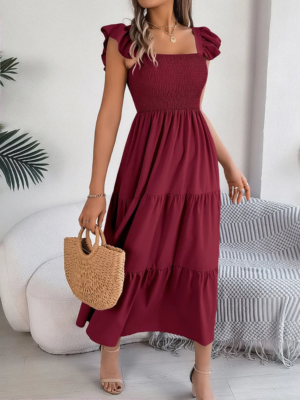 Smocked Square-Neck Cap-Sleeve Midi Dress