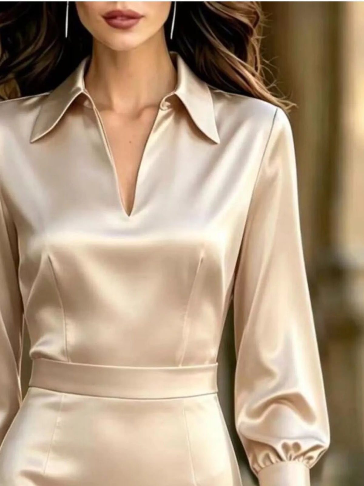Satin Lantern-Sleeve Midi Dress
