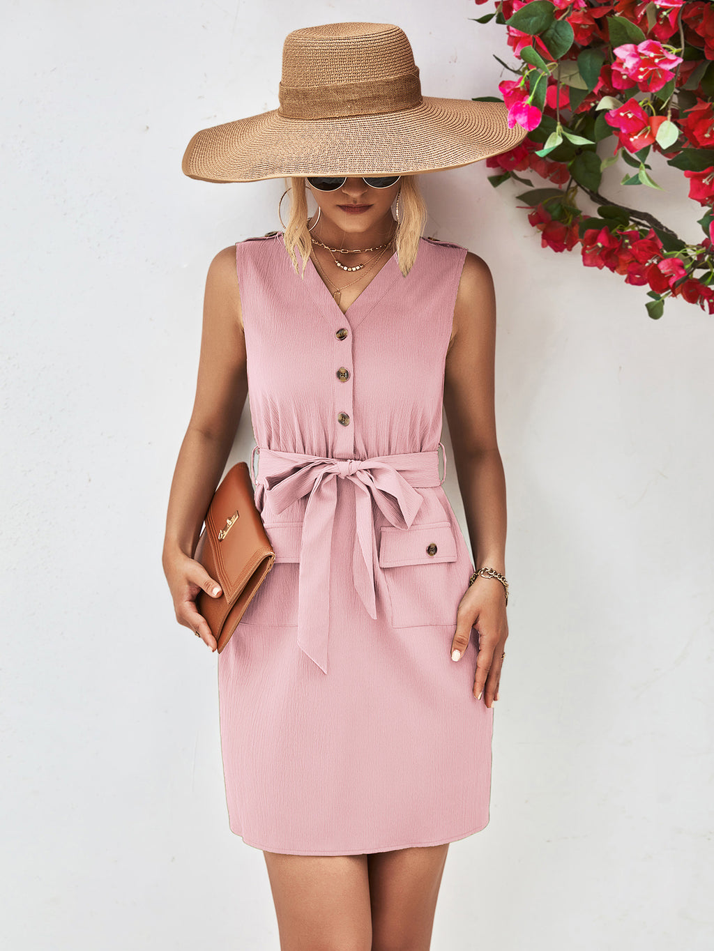V-Neck Button-Detail Tie-Waist Sleeveless Mini Dress