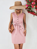 V-Neck Button-Detail Tie-Waist Sleeveless Mini Dress