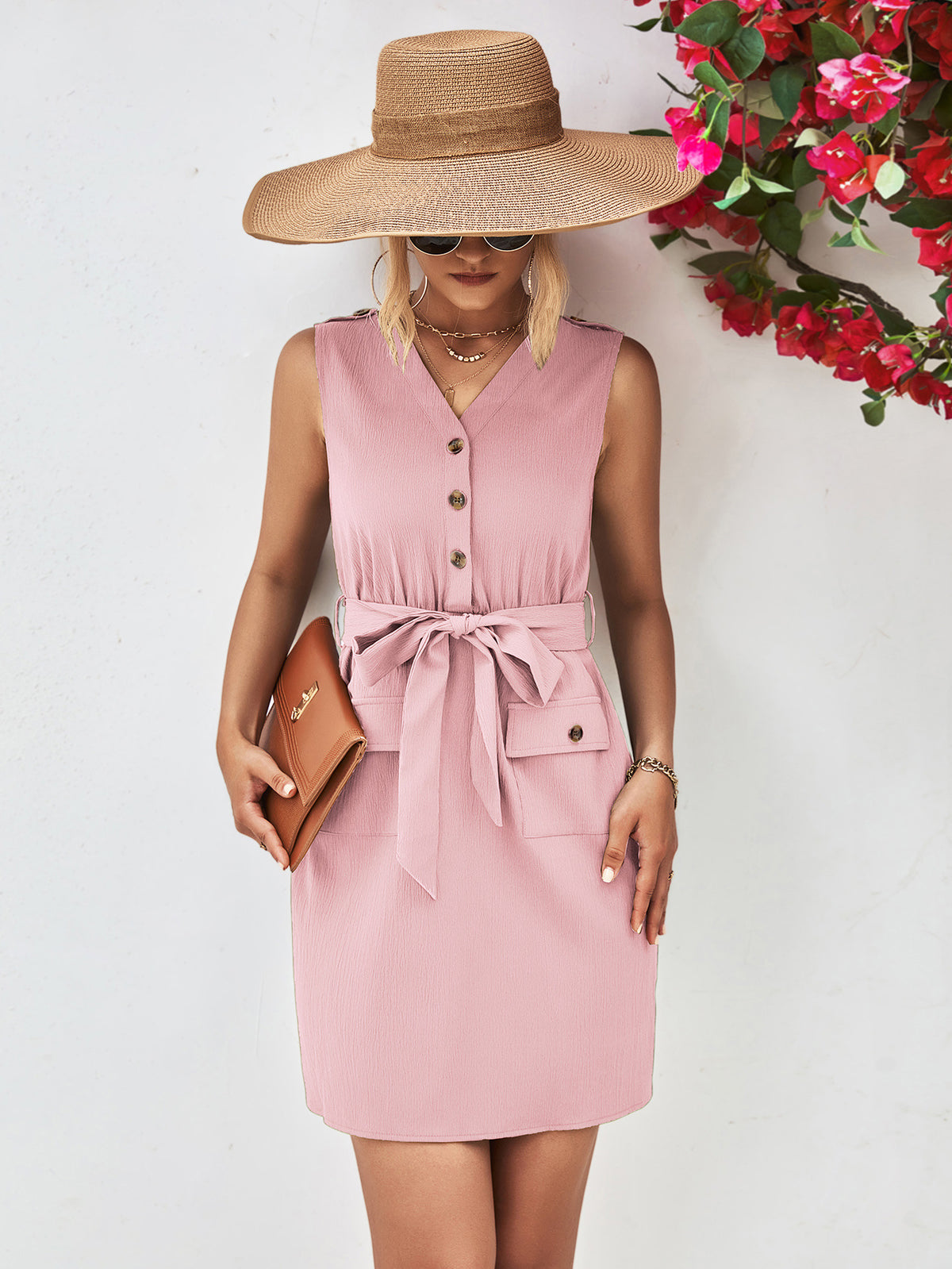 V-Neck Button-Detail Tie-Waist Sleeveless Mini Dress