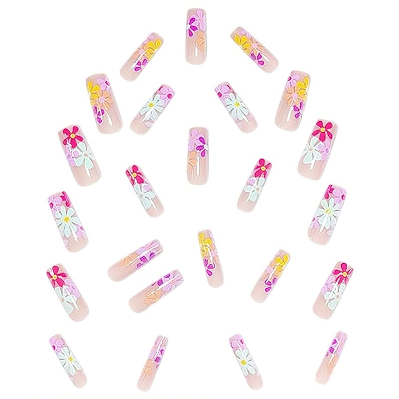 Flat Flower Press-On Nails – 24 PCS Long Square | Floral Nail Art for Everyday & Bridal Glam — Prime Trend Market