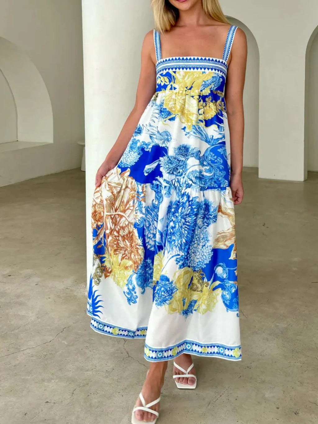 Blue Printed Sleeveless Cami Maxi Dress with Pockets