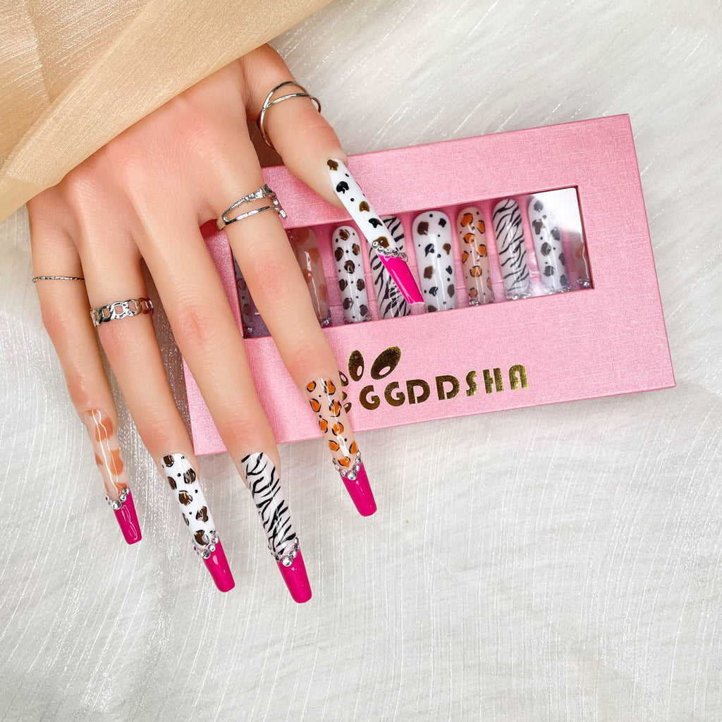 Diamond Zebra Press On Nails – Extra Long Stiletto, 3D Hand-Painted Glitter Gold UV Finish — Prime Trend Market