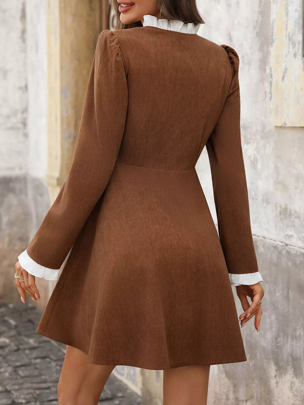 Brown Button-Front Long-Sleeve A-Line Mini Dress